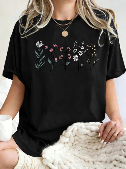All Kinds Of Beautiful Flowers Printed T-Shirt Women Cotton Loose T Shirts All-Match Summer Clothing Comfortable Y2K Streetwear