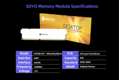 SOYO 8GB DDR3 1600MHZ memoria ram 240-Pin 1.5V for Desktop PC Memory RAM no ECC black white red intel AMD 64BIT