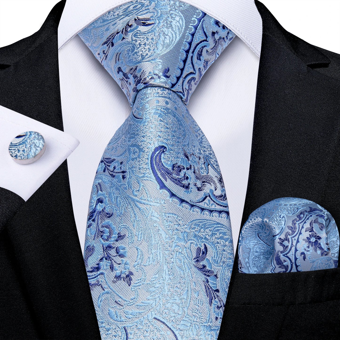 Black And Silver Paisley Floral Men's Ties Gray Blue Pink Wedding Accessories Neck Tie Set Handkerchief Cufflinks Gift For Men