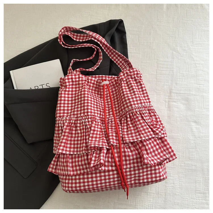 Cute Plaid Cotton Tote Bag Large Capaci Lace Trim Women's Summer 2026 Simple Lady Handbag Soft Shoulder Bags Bolsa Feminina