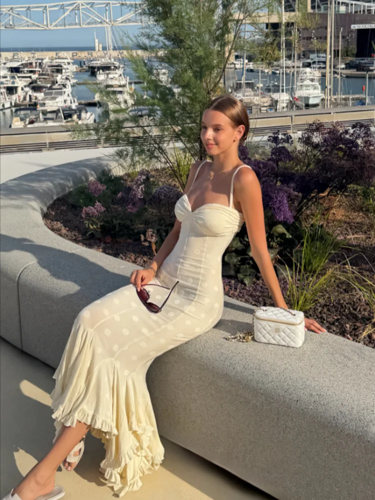 Elegant Polka Dot Maxi Dress For Women Sweetheart Neck Ruched Bodycon Mermaid Long Skirt Ruffle Hem Split Party Evening Gown