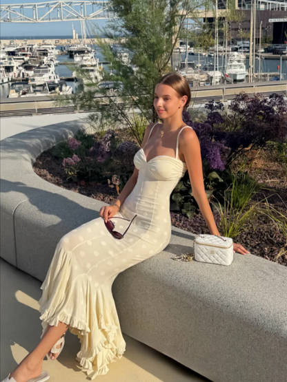 Elegant Polka Dot Maxi Dress For Women Sweetheart Neck Ruched Bodycon Mermaid Long Skirt Ruffle Hem Split Party Evening Gown