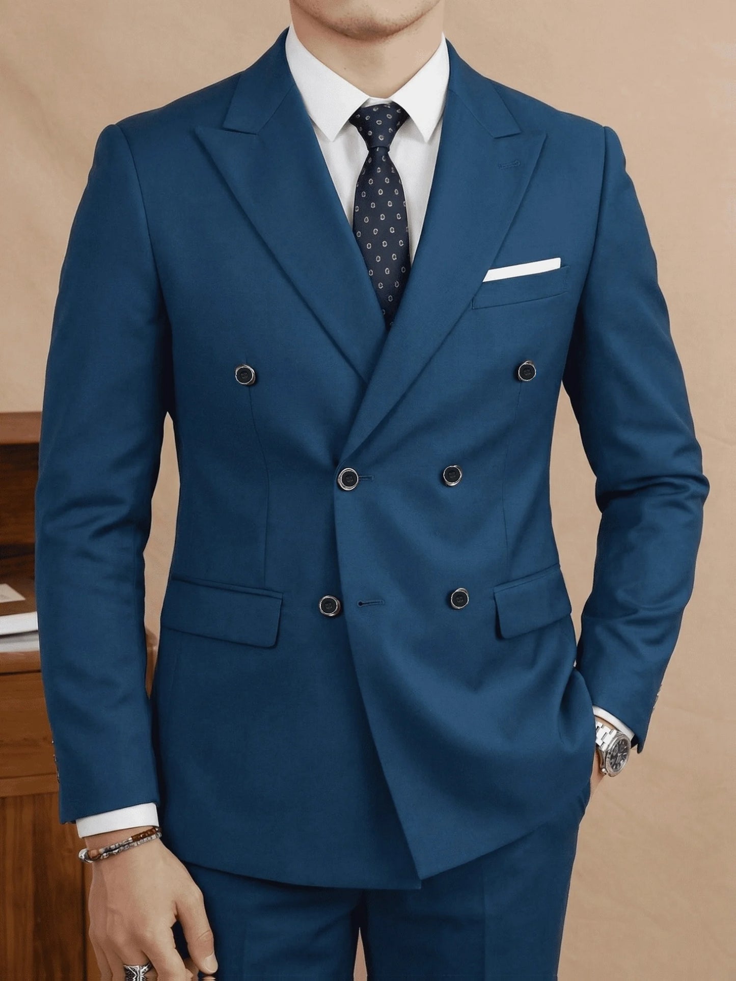 Men'S Slim Fit 2pcs Suit Double Breasted Business Wedding Prom Tuxedo Suits Blazer & Pants Set