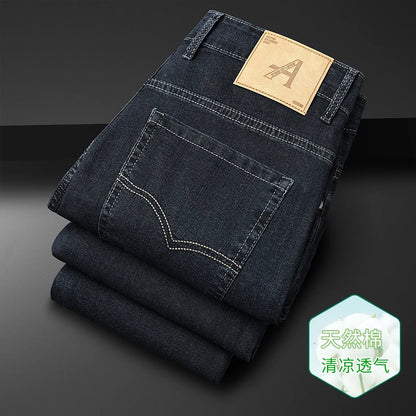 Men's Thin Jeans Spring Summer Fashion Breathable Cotton Blend Solid Color Business Casual Pants Simple Versatile Work Commute