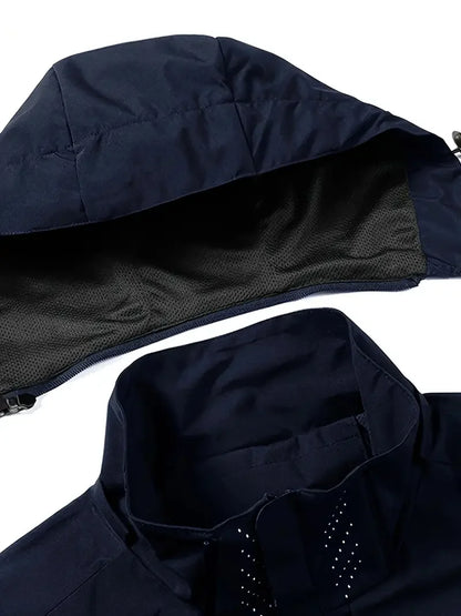 Men's Solid Navy Lightweight Outdoor Hiking Jacket Waterproof Windbreaker Casual Sports Coat Removable Hood Trekking