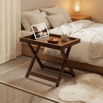 Foldable Wooden Side Table – X-Shape Coffee Table, Raised Edge – Multi-Functional Bedside for Living & Bedroom – Easy Storage