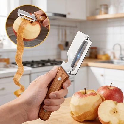 Multifunctional Vegetable Peeler with Sharp Stainless Steel Swivel Blade Wooden Handle and Bottle Opener for Kitchen Fruits