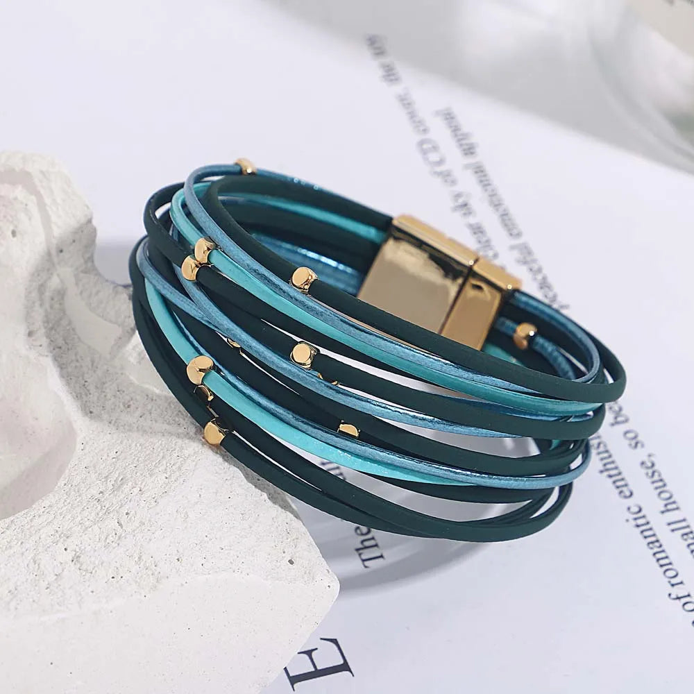 ALLYES Charm Triple Color Leather Bracelet for Women Bohemian Metal Beads Multilayer Thin Strip Wrap Bracelets Fashion Jewelry