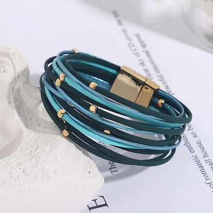 ALLYES Charm Triple Color Leather Bracelet for Women Bohemian Metal Beads Multilayer Thin Strip Wrap Bracelets Fashion Jewelry