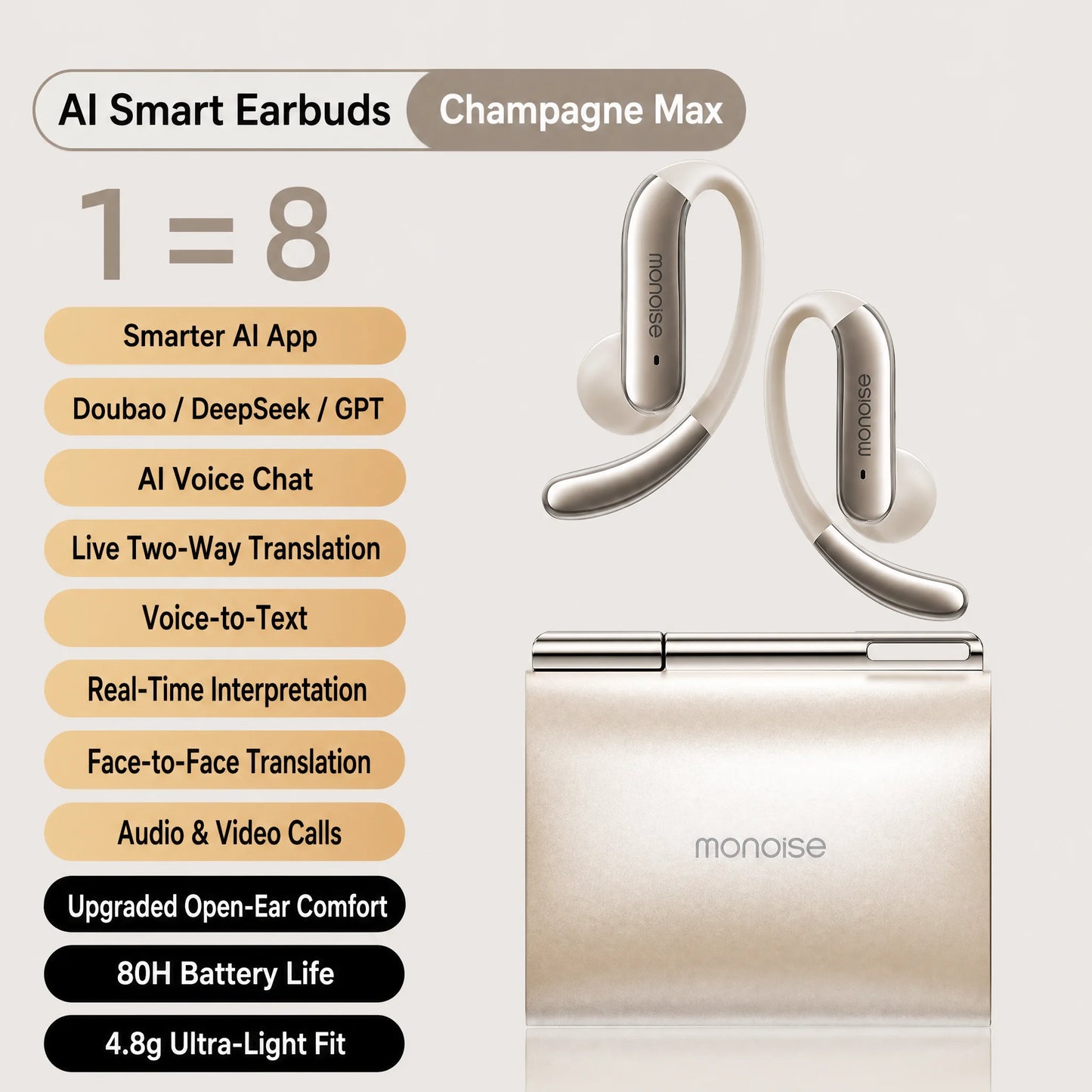 MONOISE Q13 AI Translation Earbuds Open Ear Wireless Bluetooth Headphones Real Time Translator HiFi LDAC Sport Earphones