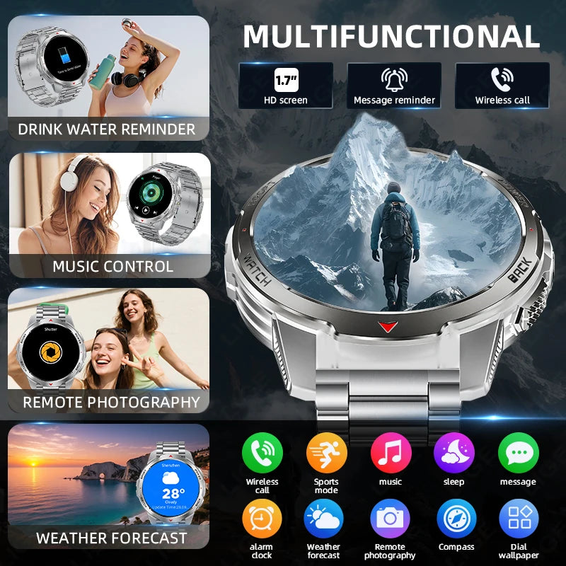 LIGE 1100mAh Military Outdoor Smart Watch Men 1.7" Large Display Compass Sports Watch IP68 Waterproof Bluetooth Call Smartwatch