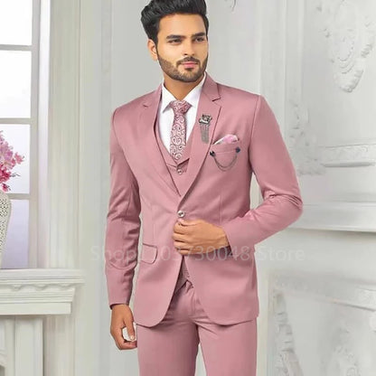 Elegant Pink Men's Suits 3 Piece Notch Lapel Casual Tuxedos for Wedding Groomsmen Suits Business Men Suits(Blazer+Vest+Pant)