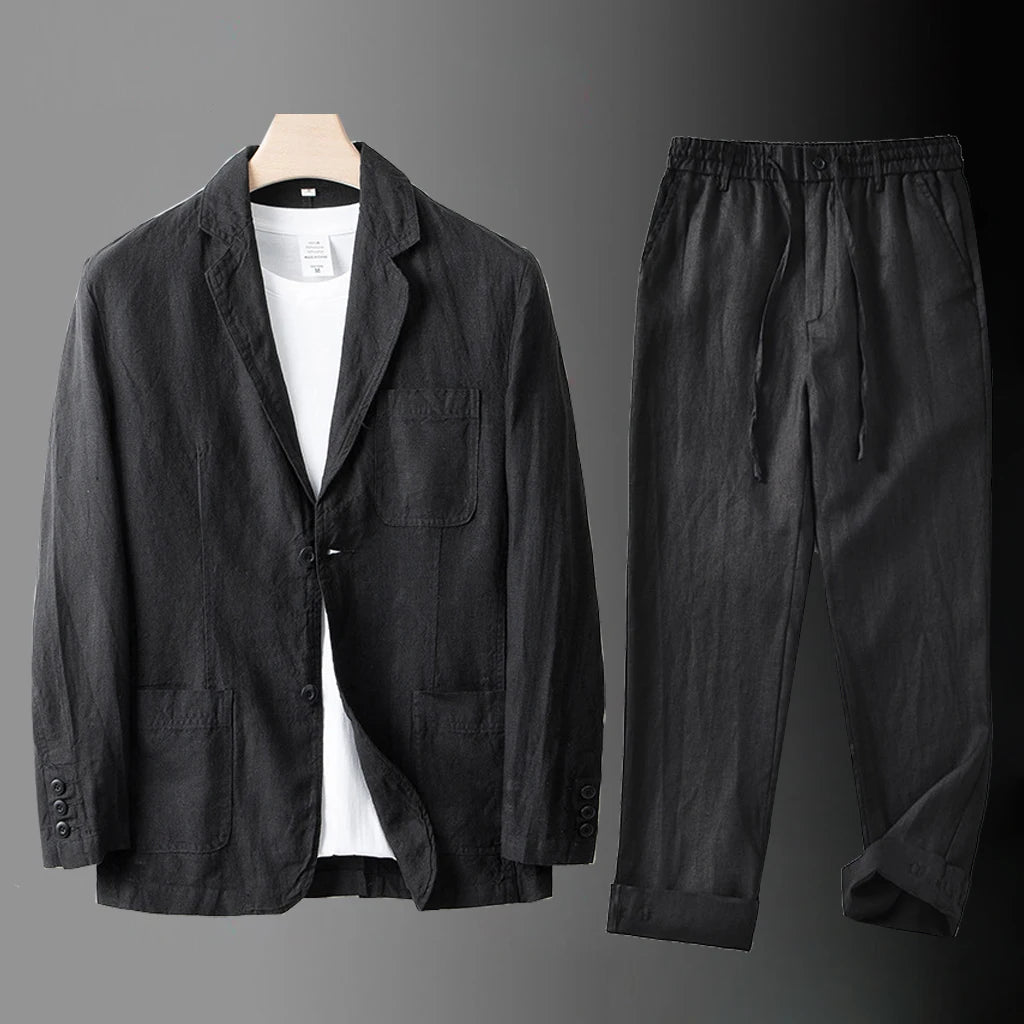 High Quality Men Blazer Jacket and Pants Man Linen Blazer  2 Piece Suit Spring Summer Thin Style Fashion Casual Set Long Sleeve