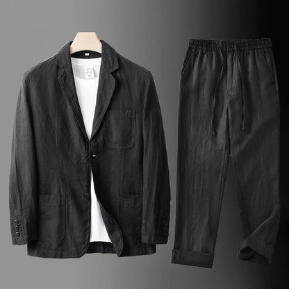 High Quality Men Blazer Jacket and Pants Man Linen Blazer  2 Piece Suit Spring Summer Thin Style Fashion Casual Set Long Sleeve