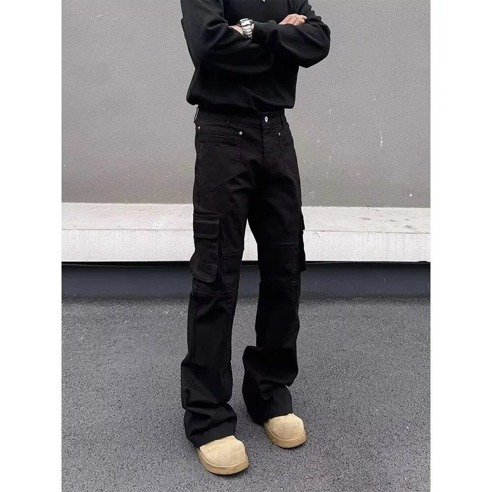 American style Vibe retro heavy industry multi pocket splicing workwear jeans men's straight tube micro flared slim fit long pan