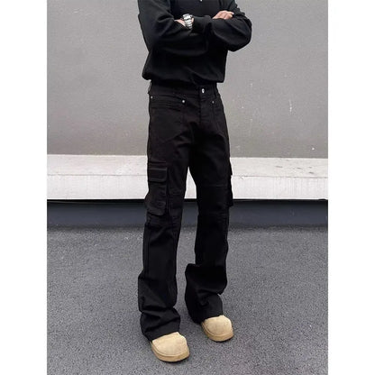 American style Vibe retro heavy industry multi pocket splicing workwear jeans men's straight tube micro flared slim fit long pan
