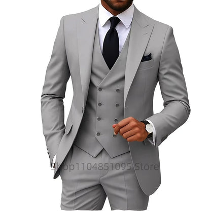 Slim Fit 3-Piece Men's Suit Set for Office Formal Business Wedding Groom Tuxedos Jacket Vest Pants Casual Male Men Clothing