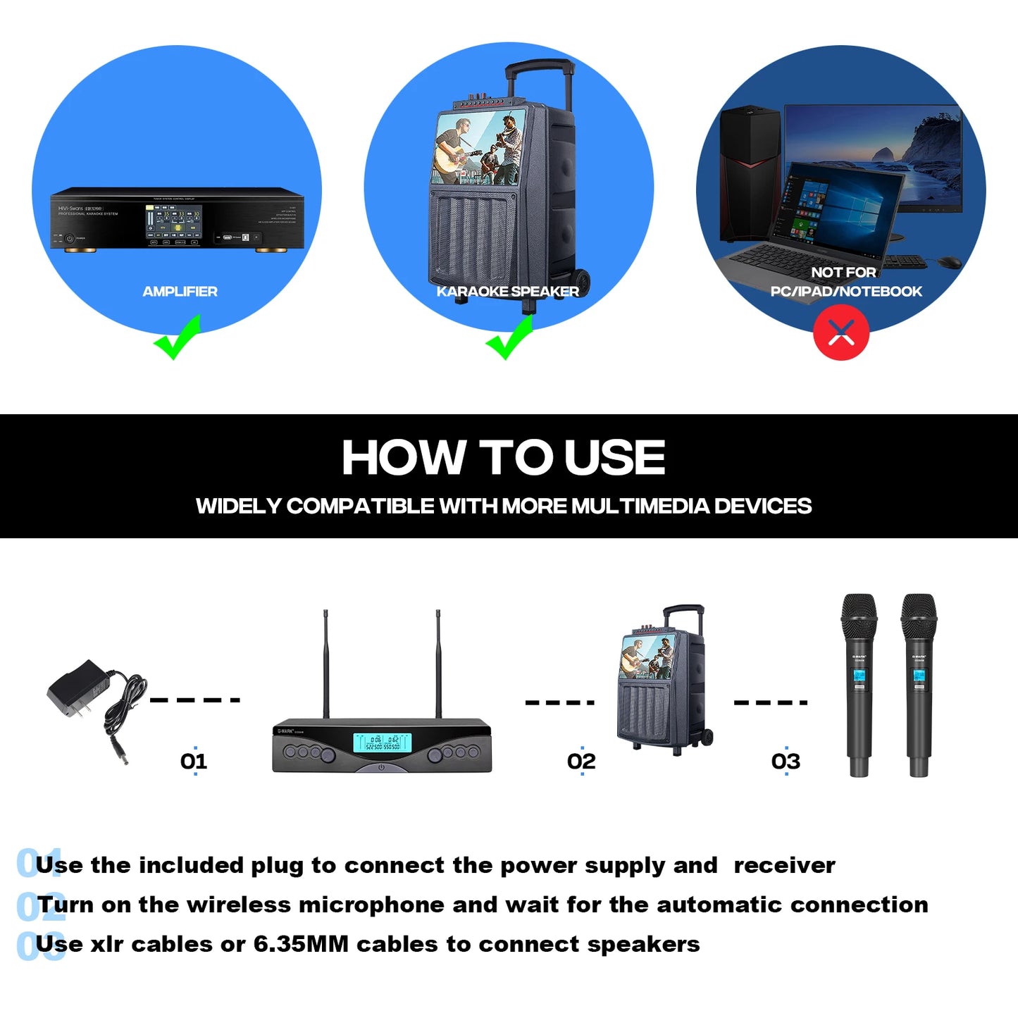 Wireless Microphone G-MARK G320AM Professional UHF 2 Channels Karaoke Mic Handheld Automatic Frequency Adjustable 100M