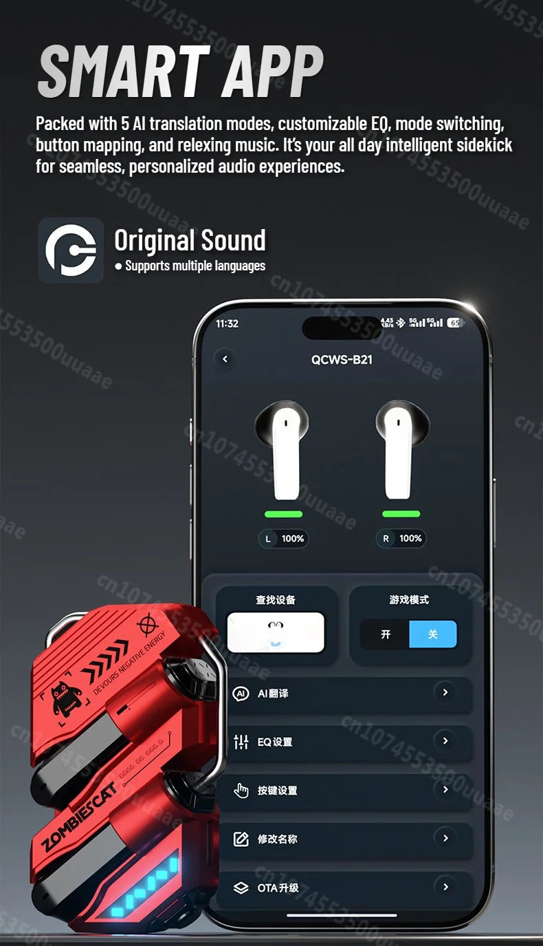 Zombies Cat Real Time Ai Translator Headphone Alloy Mecha Bluetooth 6.0 Earphone Immersive Stereo TWS Wireless Earbuds with APP