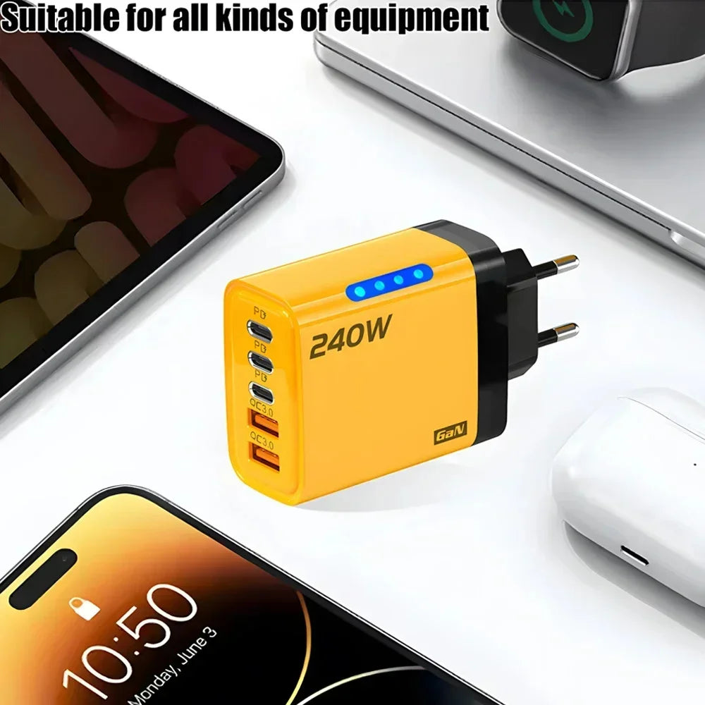 240W GaN 2USB+3Type C Desktop Phone Charger With LED Light Multi Ports Quick Charge 3.0 Adapter For iPhone Samsung Huawei Tablet