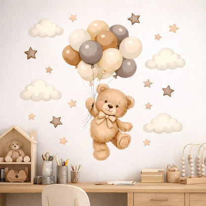 Adorable Teddy Bear Balloons Stars Clouds Wall Sticker Nursery Child Room Art Vinyl Decal Kids Room Bedroom Living Home Decor
