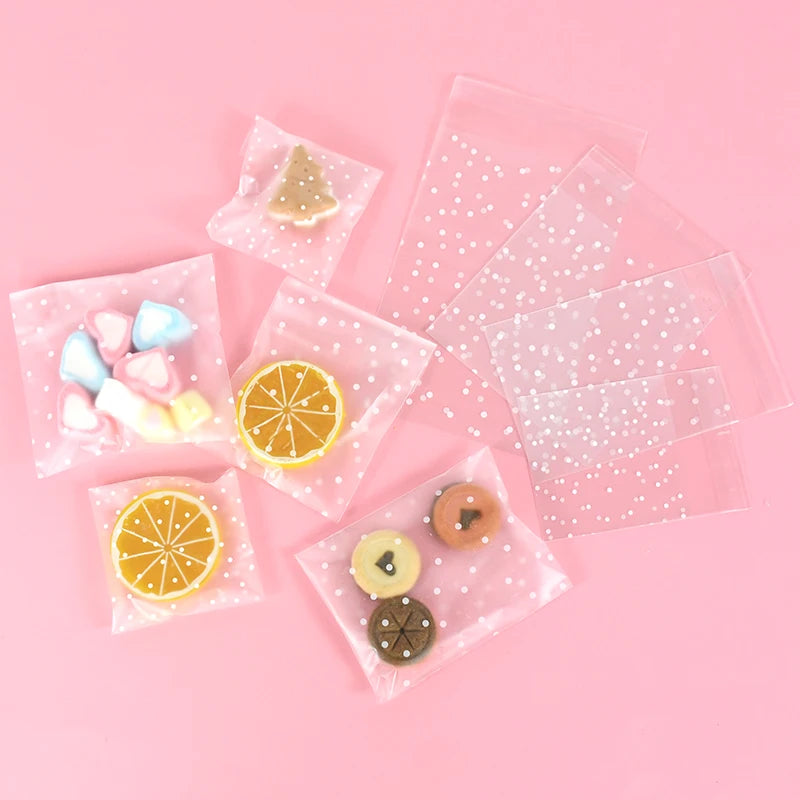 100pcs Plastic Transparent Cellophane Bags Polka Dot Candy Cookie Gift Bag Self Adhesive Candy Bags for Wedding Birthday Party