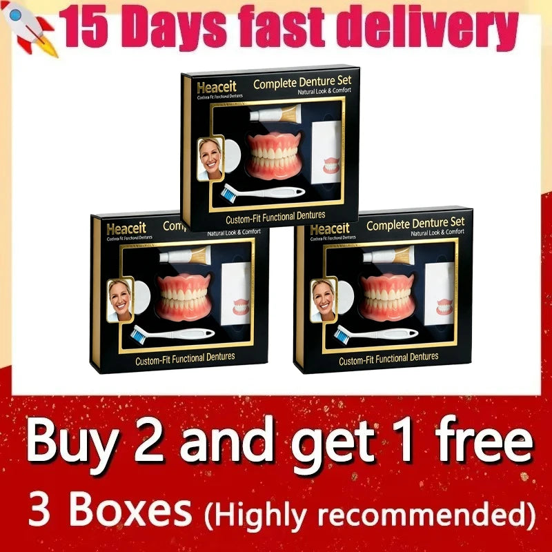 Flexible Moldable Silicone Denture Set, Upper Lower Natural Ivory False Teeth, Instant Smile with Free Toothbrush & Toothpaste