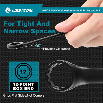 LIBRATON 20-częściowy zestaw kluczy nasadowych metrycznych 4-11 mm i calowych 5/32"-7/16", dwustronnych (płaskie i oczkowe), stal węglowa, lekki futerał organizacyjny