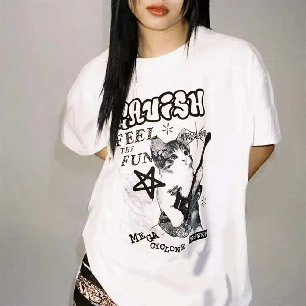 American Cat Rock Guitar Graphic Short Sleeve T-Shirt Loose Korean Fashion Oversized Women's Summer Clothes Y2k Streetwear