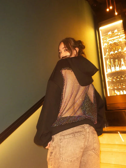 Hot Sweet Sparkling Rhinestone Mesh Transparent Hoodie Y2K Womens Fashion Sexy Backless Oversized Hoodie Casual Pullover Tops
