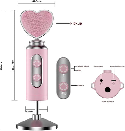 USB Gaming Condenser Mic Pink Heart Design, One-Click Mute Gain Control Plug & Play for PC Streamers Gamers and Video Creators