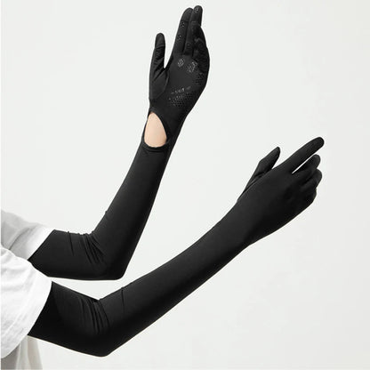 56.5CM Women Summer Ice Silk Sunscreen UV Protection Long Clamshell Gloves Elasticity Antiskid Quick Drying UPF 50+ Adjustable