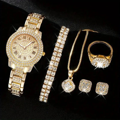 6PCS Women Watch Luxury Elegant Alloy Watch Crystal Wristwatch For Ladies Gift Quartz Watch Alloy Rhinestone Bracelet Montre