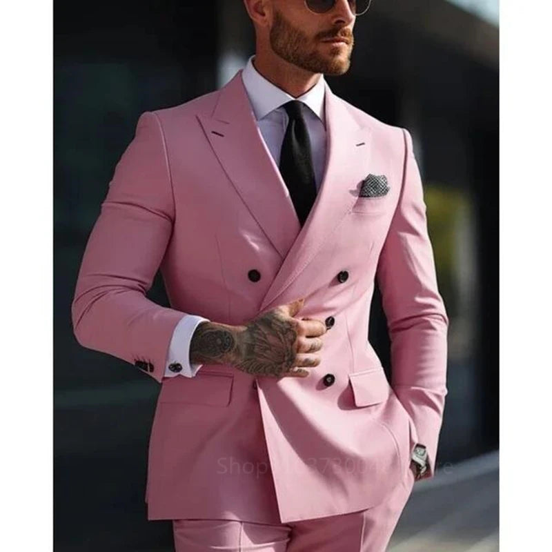 Elegant 2 Piece Wedding Men Suits Slim Fit Peak Lapel Double Breasted Blazer Pants Formal Business Groom Tuxedos Office Dinner