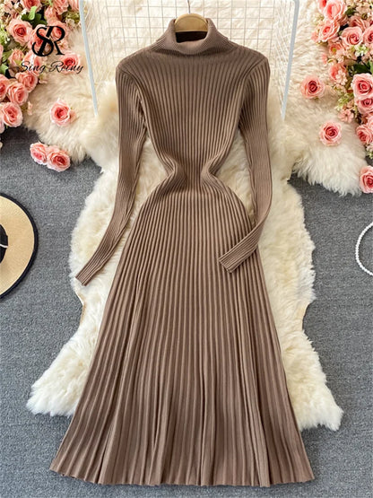 SINGREINY Women Pleated Knitted Dress Turtleneck Long Sleeve Elastic Slim Pencil Dress Autumn Winter Sexy Bodycon Sweater Dress