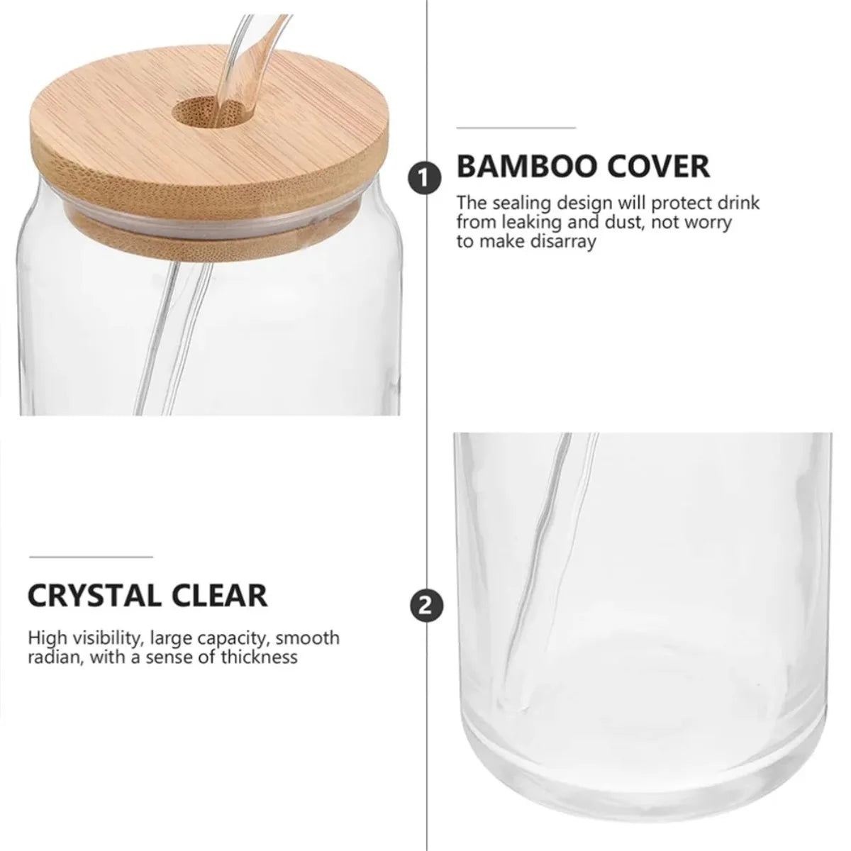 16oz Glass Drinking Cup Comes with A Bamboo Lid and A Glass Straw Suitable for Cocktails Coffee Beverages Etc.