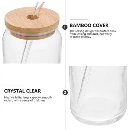 16oz Glass Drinking Cup Comes with A Bamboo Lid and A Glass Straw Suitable for Cocktails Coffee Beverages Etc.