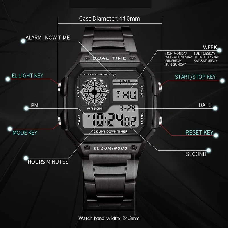 YIKAZE Luxury Men's Business Watch Stainless Steel Strap Men Digital Watch Luminous Multifunction Sports Electronic Wristwatch