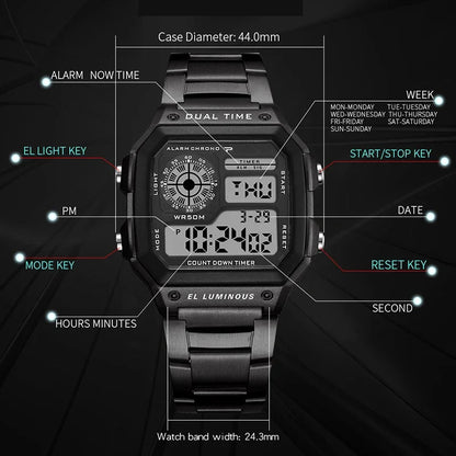 YIKAZE Luxury Men's Business Watch Stainless Steel Strap Men Digital Watch Luminous Multifunction Sports Electronic Wristwatch