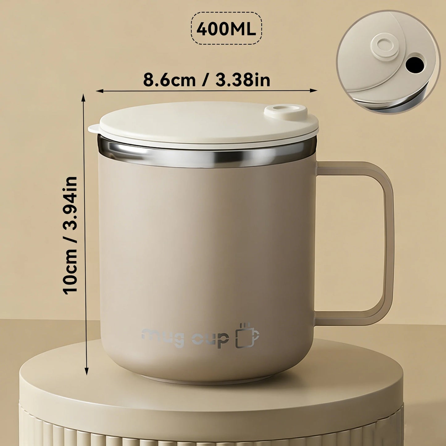 Double Wall Insulated Coffee Cup Outdoor 304 Stainless Steel Coffee Mug With Handle&Sliding Lid 400ML Sealed Thermal Water Cup