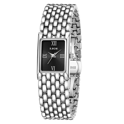 LIGE New Design Ladies Watch Fashion Quartz Wristwatch Silver Simple Square Women Watches Luxury Stainless Steel Folding Clock