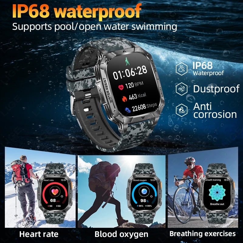 LIGE Military 1400mAh Smart Watch For Men 2.01" HD Screen Waterproof 100+Sports Mode LED Flashlight Smartwatch For Android iOS