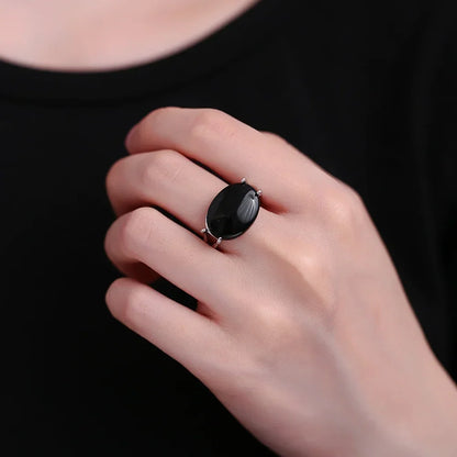S925 Sterling Silver Natural Large Black Agate Stone Ring 13*18mm Oval Shape Vintage Black Rings Fine Jewelry For Men
