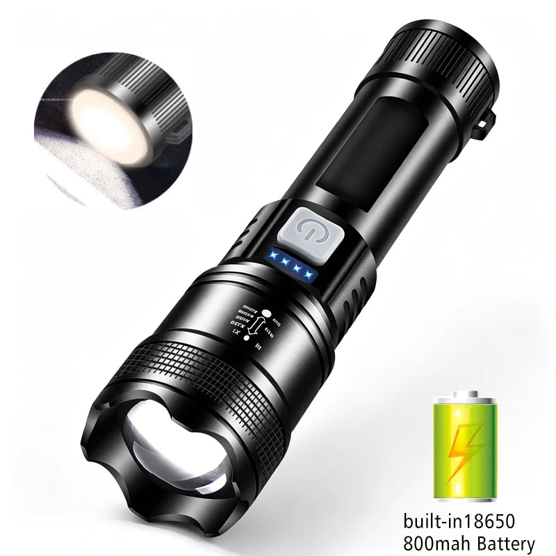 10000LM High Power LED Flashlight Long-range USB C Rechargeable Flashlight Power Display Zoom Lantern For Outdoor Camping Torch