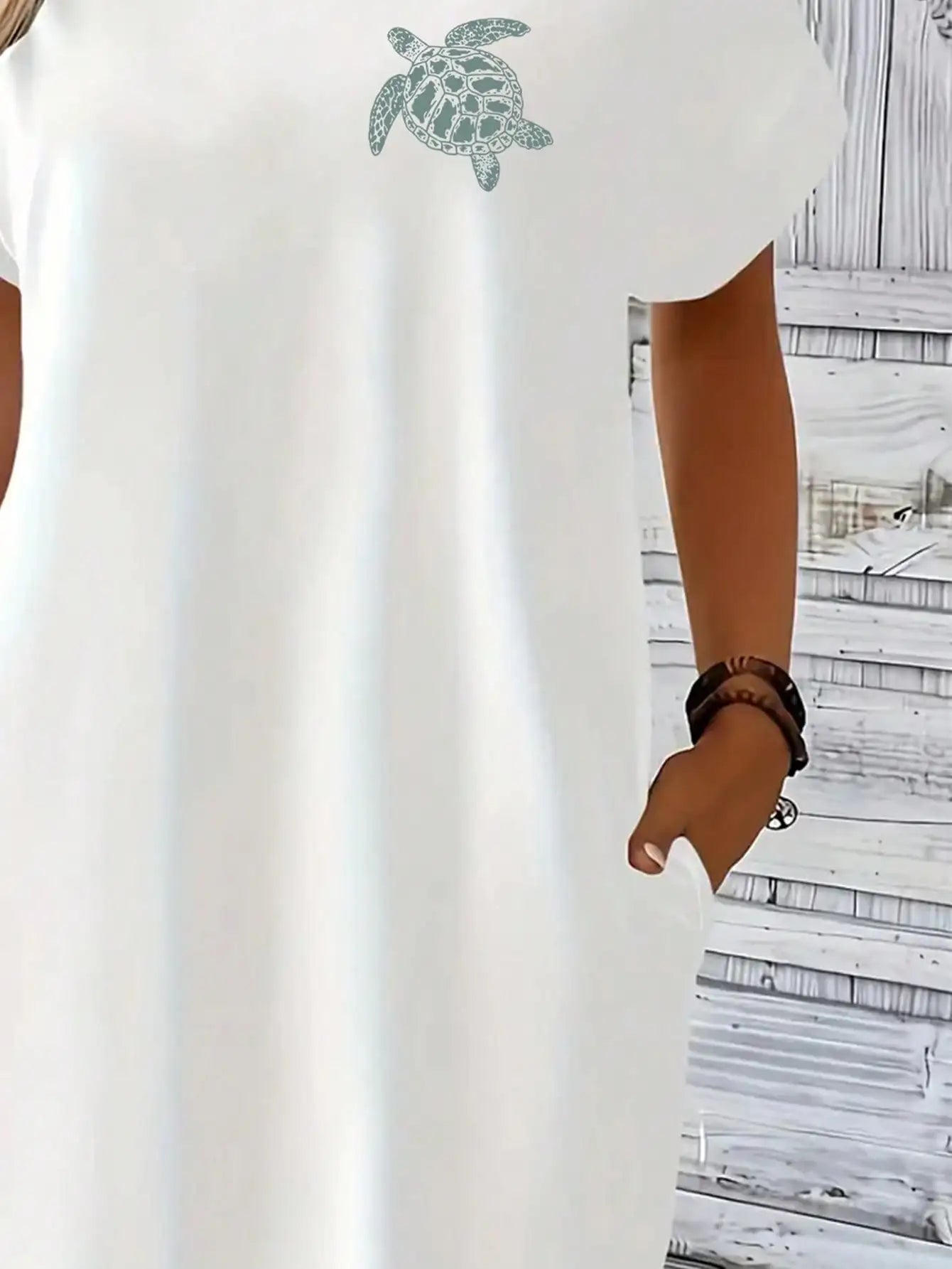 2026 Women's Casual and Elegant Green Turtle Print White Solid Color Short Sleeved Dress Short Skirt