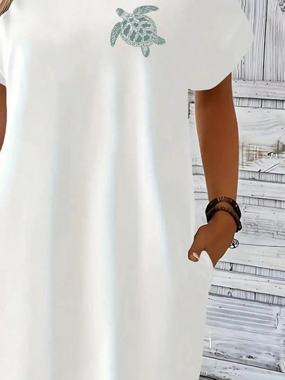 2026 Women's Casual and Elegant Green Turtle Print White Solid Color Short Sleeved Dress Short Skirt