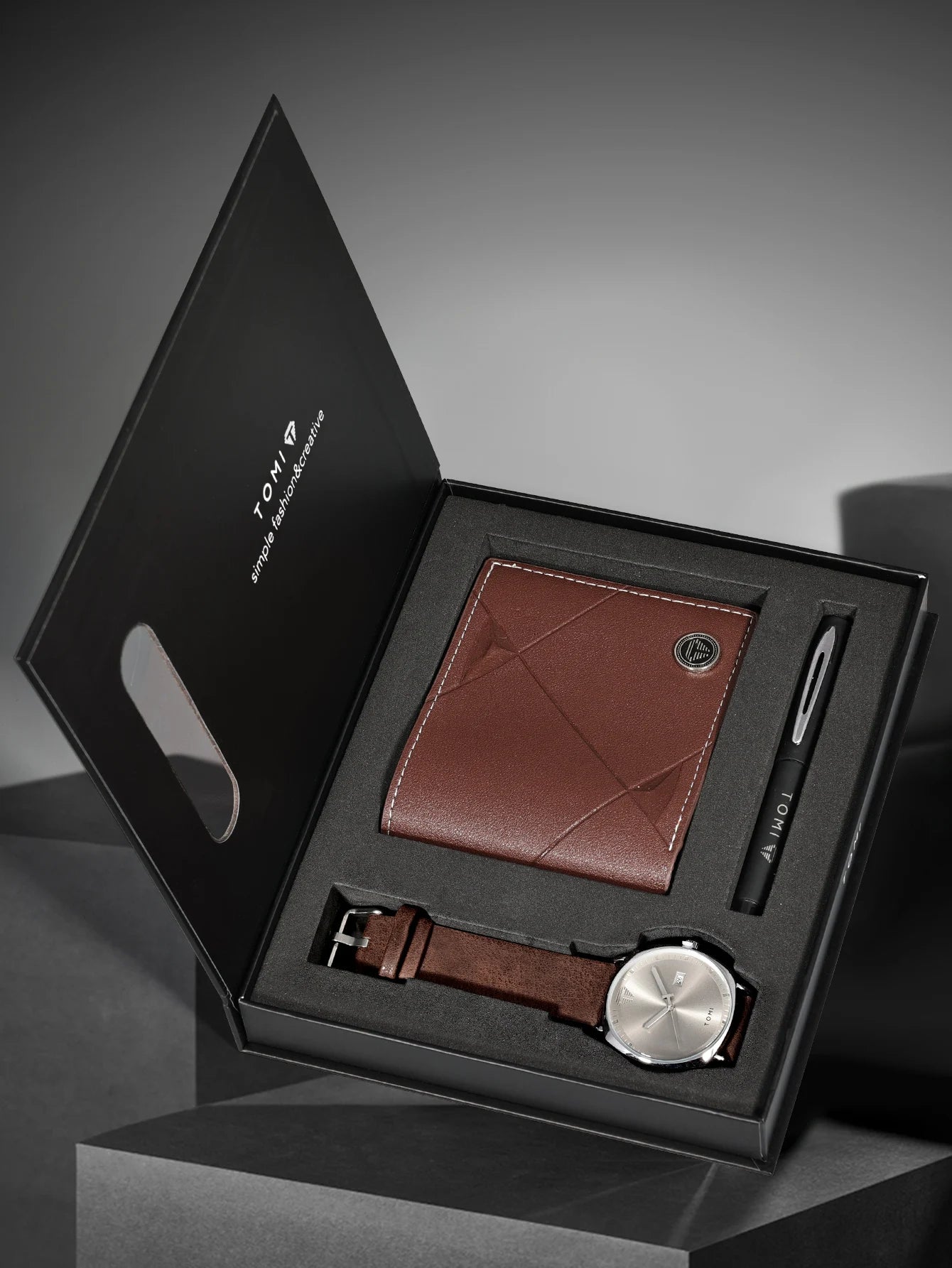 TOMI 3PCS Simple Business Men Watch Wallet Gift Box Set High Quality Classic Versatile Men Quartz Watch Clock Gifts Reloj