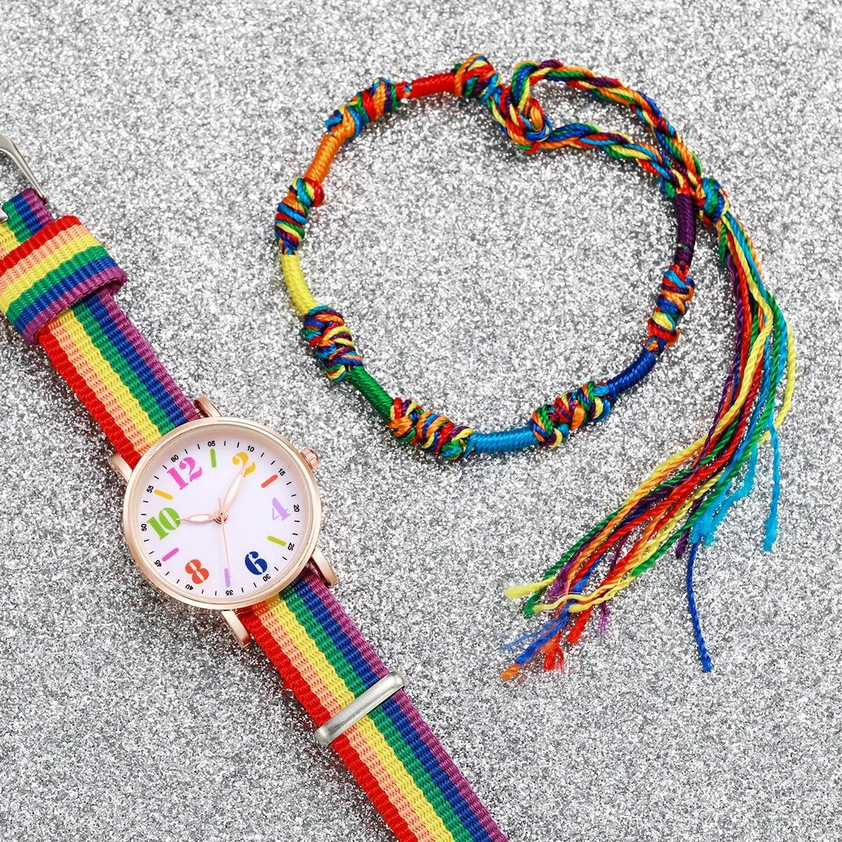 2pcs Set Fashion Rainbow Color Ultra-thin Canvas Strap Classic Men's Watches Colorful Bracelet Set