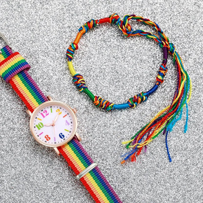 2pcs Set Fashion Rainbow Color Ultra-thin Canvas Strap Classic Men's Watches Colorful Bracelet Set