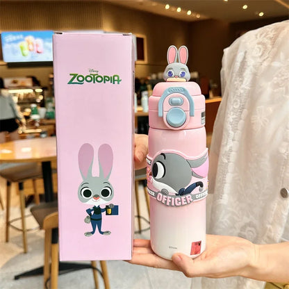 X&W  Zootopia Judy Nick Stainless Steel Insulated Cup Double Drinking Straw Cup Warm and Cold Proof Outdoor Sports Water Bottle